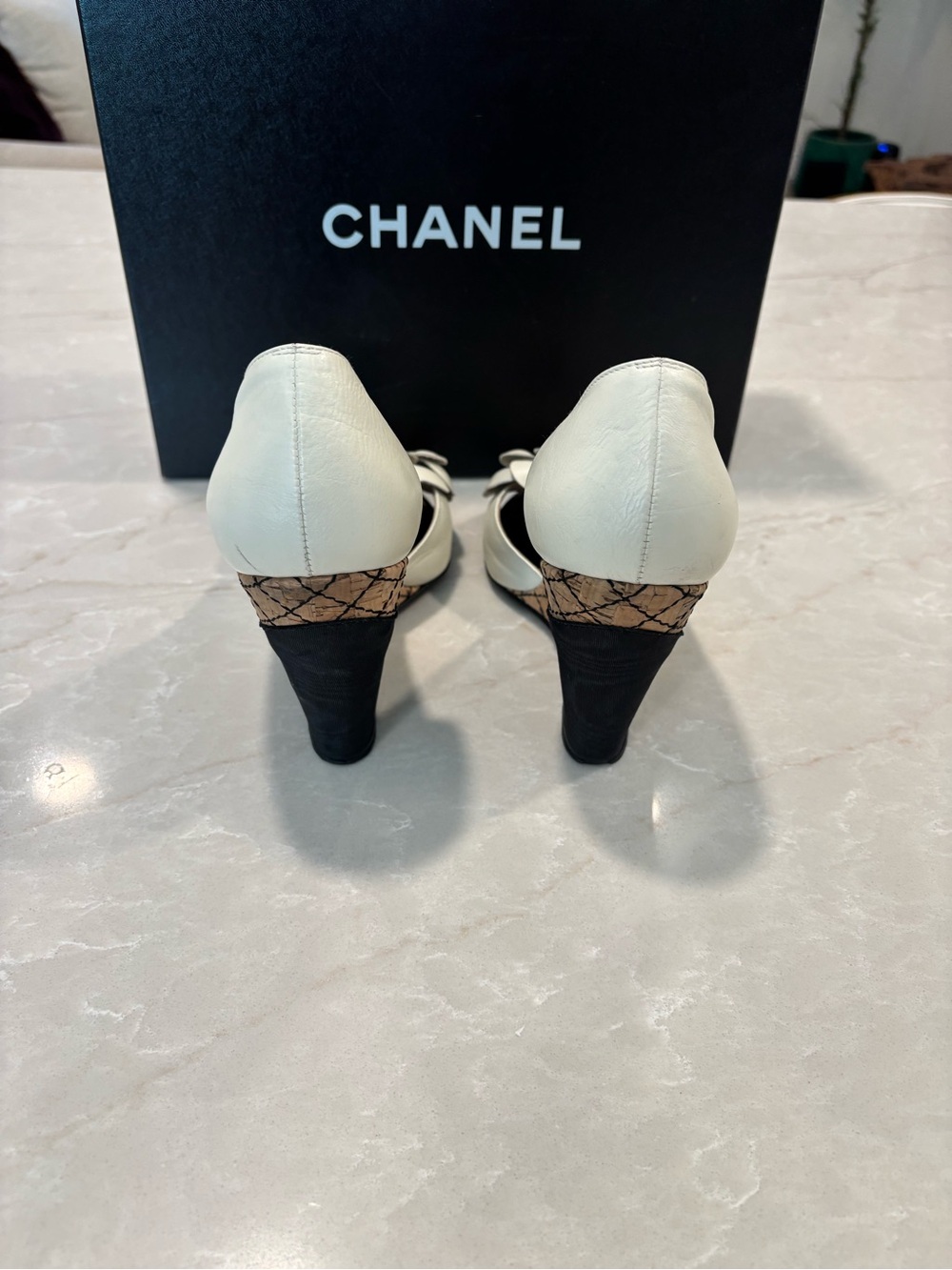 CHANEL Ivory Leather Camellia Peep-Toe Heels - Picture 4 of 5